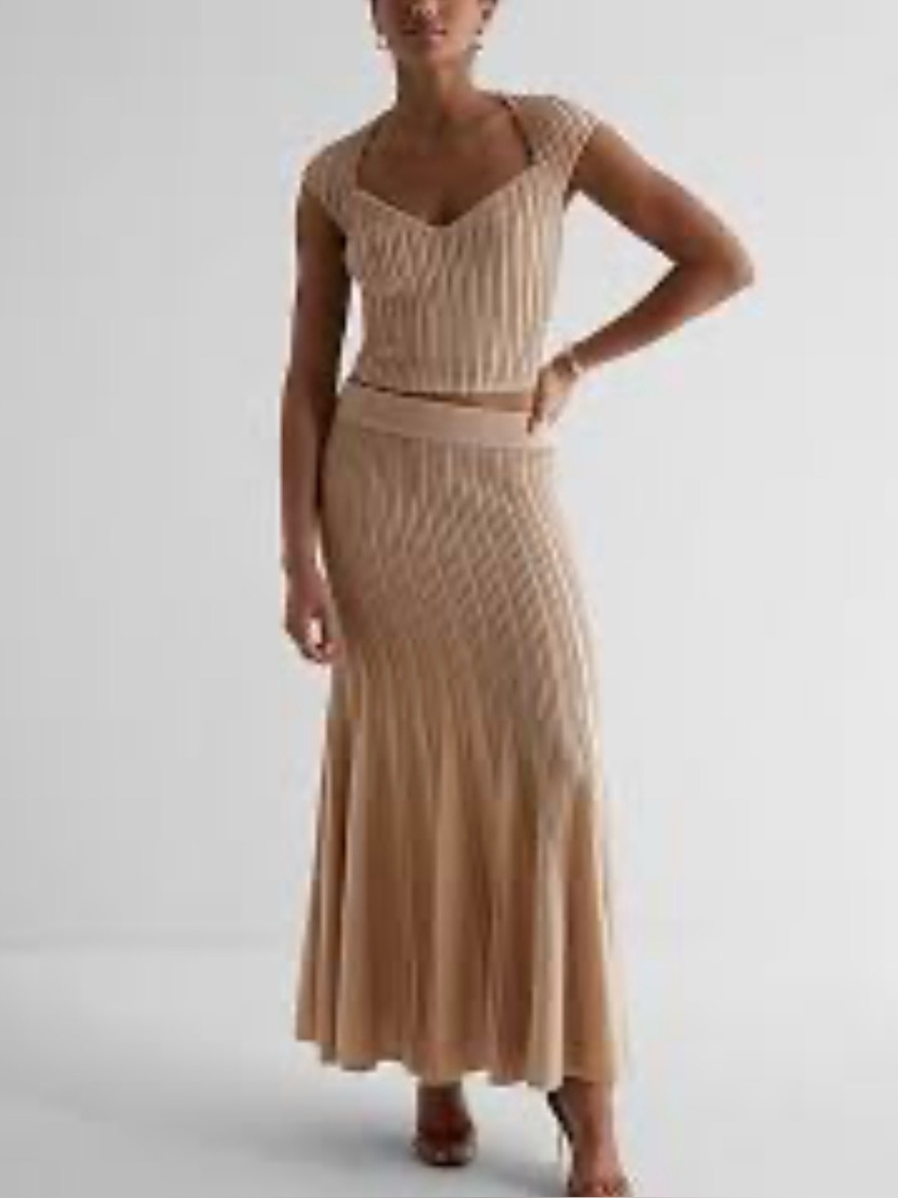 EXPRESS Set Sweetheart Crop Ribbed Top & Midi Skirt Fit & Flare Metallic Gold XS